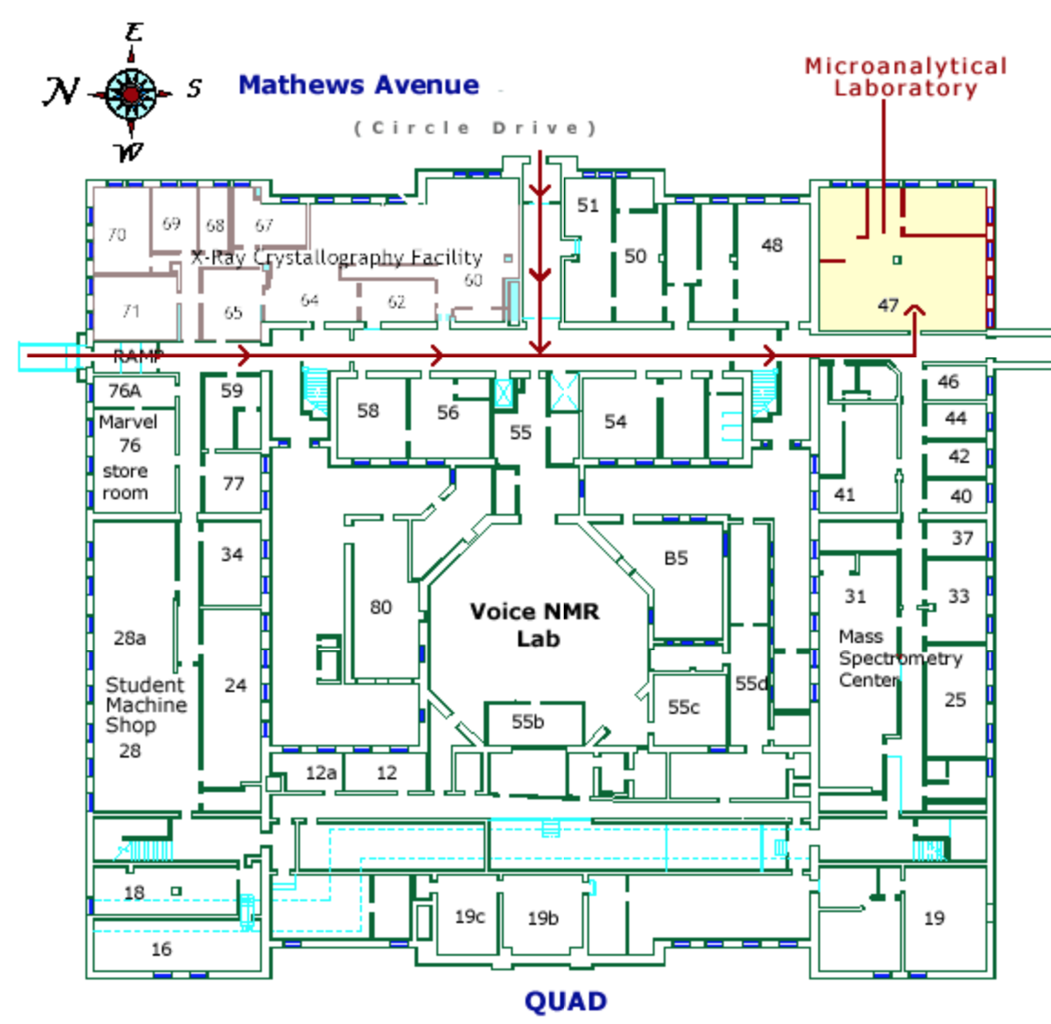 Location of the Microanalysis Lab in the basement of Noyes Lab