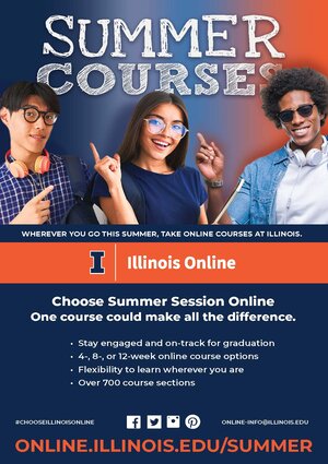 Summer course flyer Information from flyer is in body of the page. Three students are shown pointing up at text saying Summer courses.