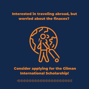 Gilman International Scholarhip Logo. Stick person in orange pulling a suitcase infront of the earth.