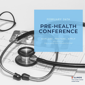 picture of stethiscope on paper with glasses and medication February 26th Pre-Health Conference Explore, prepare, apply. Link in body of page