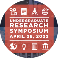 Undergraduate Research Symposium April 28, 2022 Picture with research and college style clipart over a red square.