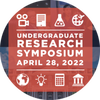 Undergraduate Research Symposium April 28, 2022 Picture with research and college style clipart over a red square.